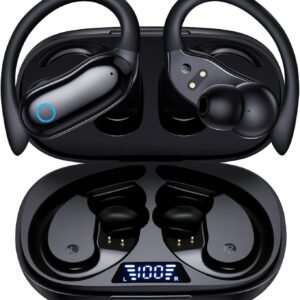 GNMN Ear Buds Wireless Earbuds 96hrs Playback Bluetooth Headphones IPX7 Waterproof Stereo Bass Over-Ear Earphones with Earhooks Microphone LED Battery Display for Sports/Workout/Gym/Running Black